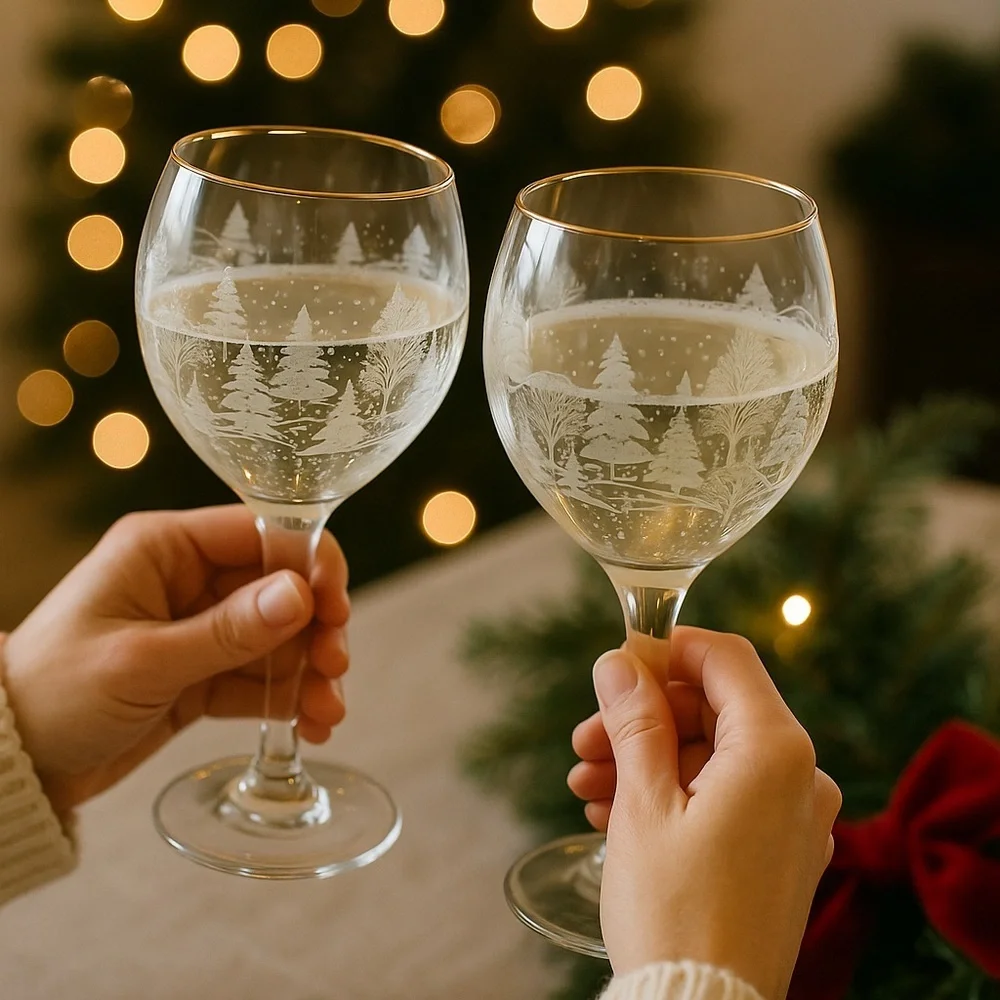 Libbey Vintage Snow Scene Wine Glass Goblets Set of 2 Holiday Theme - Picture 4 of 7